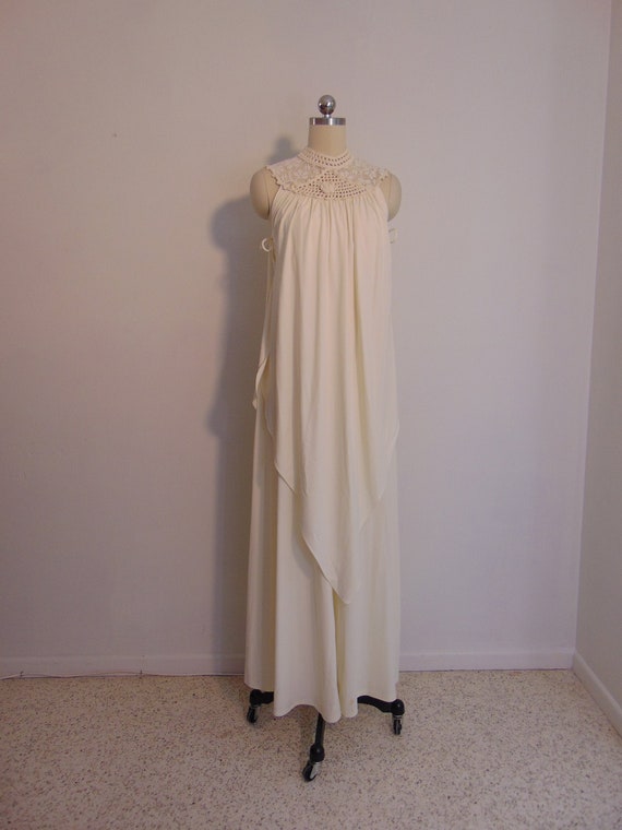 70s ivory crochet and lace halter top evening gown