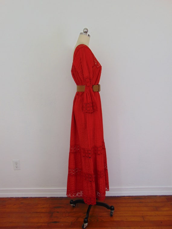 70s red cotton pintucked maxi dress size medium - image 9