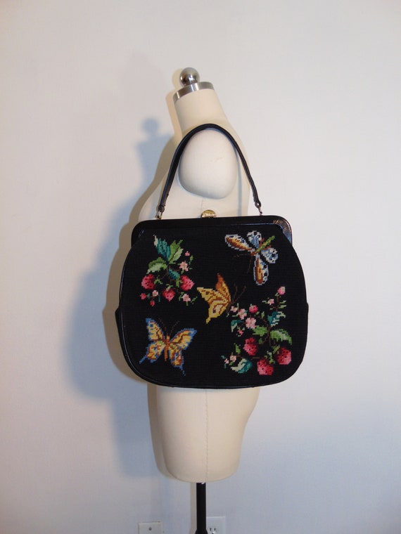 1950s huge needlepoint purse with butterflies and