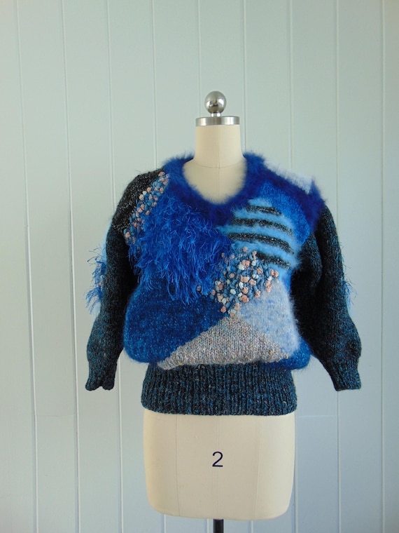 80s patchwork angora sweater size medium - image 1