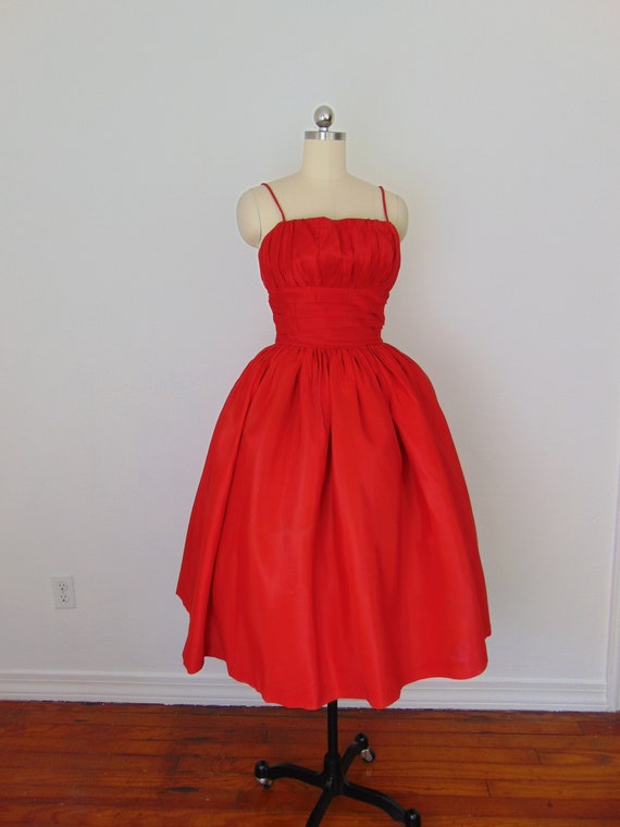 50s red silk and taffeta cocktail dress size small