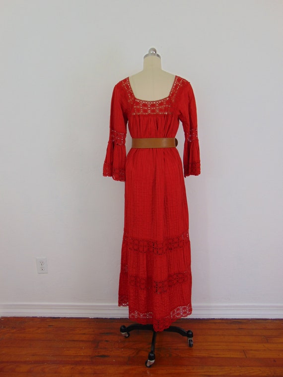 70s red cotton pintucked maxi dress size medium - image 4