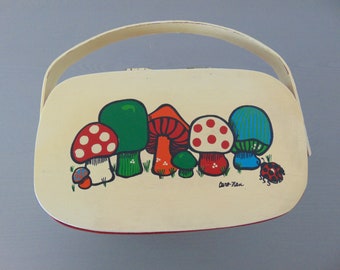 70s basket purse by Caro Nan hand painted mushrooms