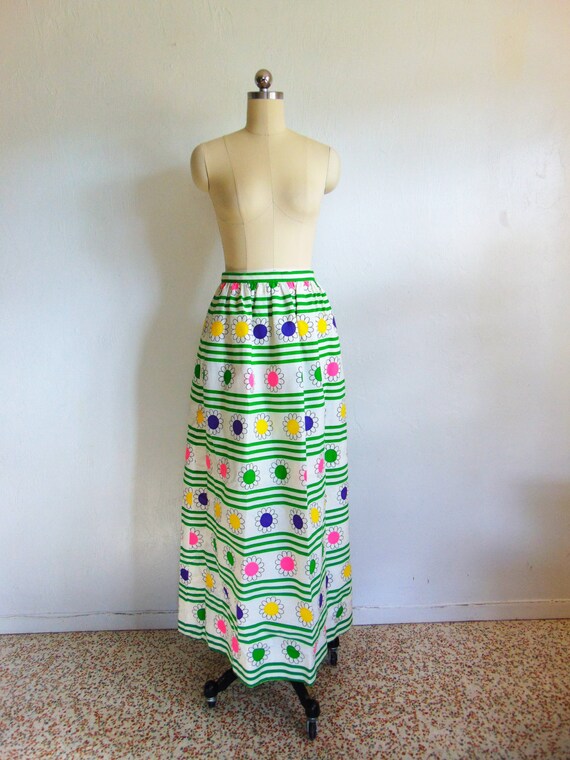 70s cotton maxi skirt STRIPES + DAISIES size mediu