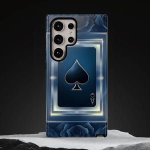 Custodia per telefono di lusso con motivo asso di picche blu scintillante, design ispirato per iPhone 16, 15, 14, 13, Google Pixel 9, 8, Samsung S22, S23, S24, S25