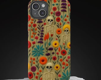 Coque de portable tête de mort florale, Jour des morts, style broderie