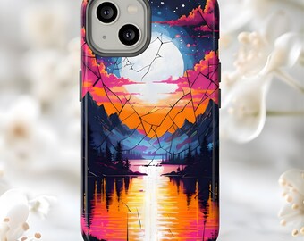 Stained Glass Mountain Lake Sunset Phone Case, Vibrant Nature Design