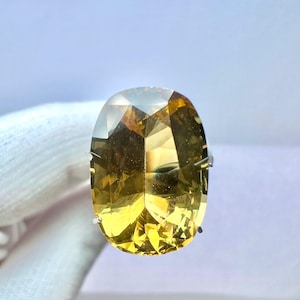Puede incluir: Una gran gema amarilla de forma ovalada con un corte facetado. La gema está engastada en un anillo de plata.