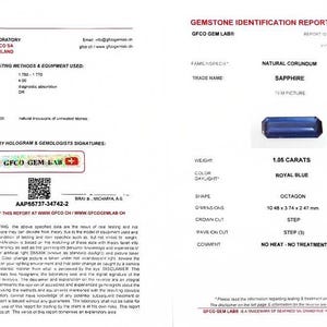 May include: A gemstone identification report from GFCO Gem Lab for a 1.05 carat royal blue sapphire. The report details the stone's weight, color, shape, dimensions, and cut. It also states that the sapphire is untreated.