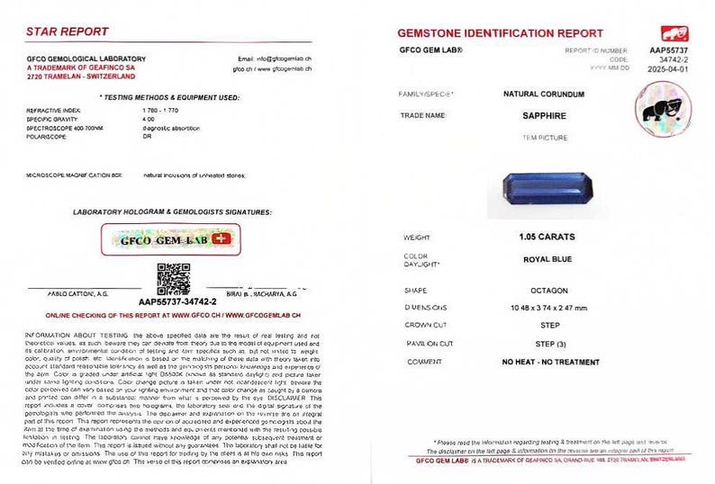 May include: A gemstone identification report from GFCO Gem Lab for a 1.05 carat royal blue sapphire. The report details the stone's weight, color, shape, dimensions, and cut. It also states that the sapphire is untreated.