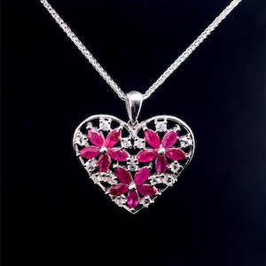 Sterling Silver [925] HAND-MADE Heart Pendant with Natural Rubies