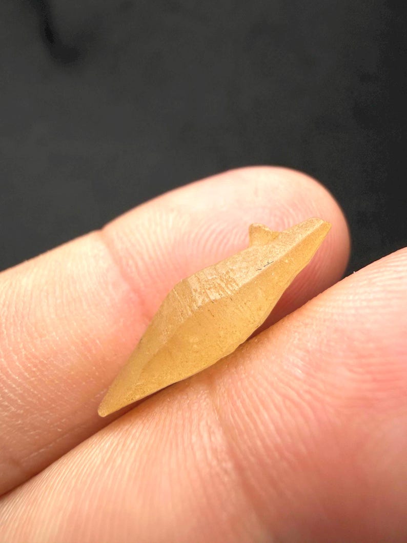 Puede incluir: Un peque&ntilde;o objeto de color marr&oacute;n claro, parecido a un cristal, con forma puntiaguda. El objeto tiene una superficie rugosa y texturizada y parece ser un mineral o una piedra preciosa natural. El cristal se sostiene en la mano de una persona sobre un fondo oscuro.