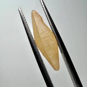 Puede incluir: Una gema facetada de color amarillo claro es sostenida por unas pinzas met&aacute;licas. La gema tiene forma puntiaguda y una superficie texturizada. Las pinzas son de color gris oscuro y tienen bordes dentados. El fondo es gris claro liso.