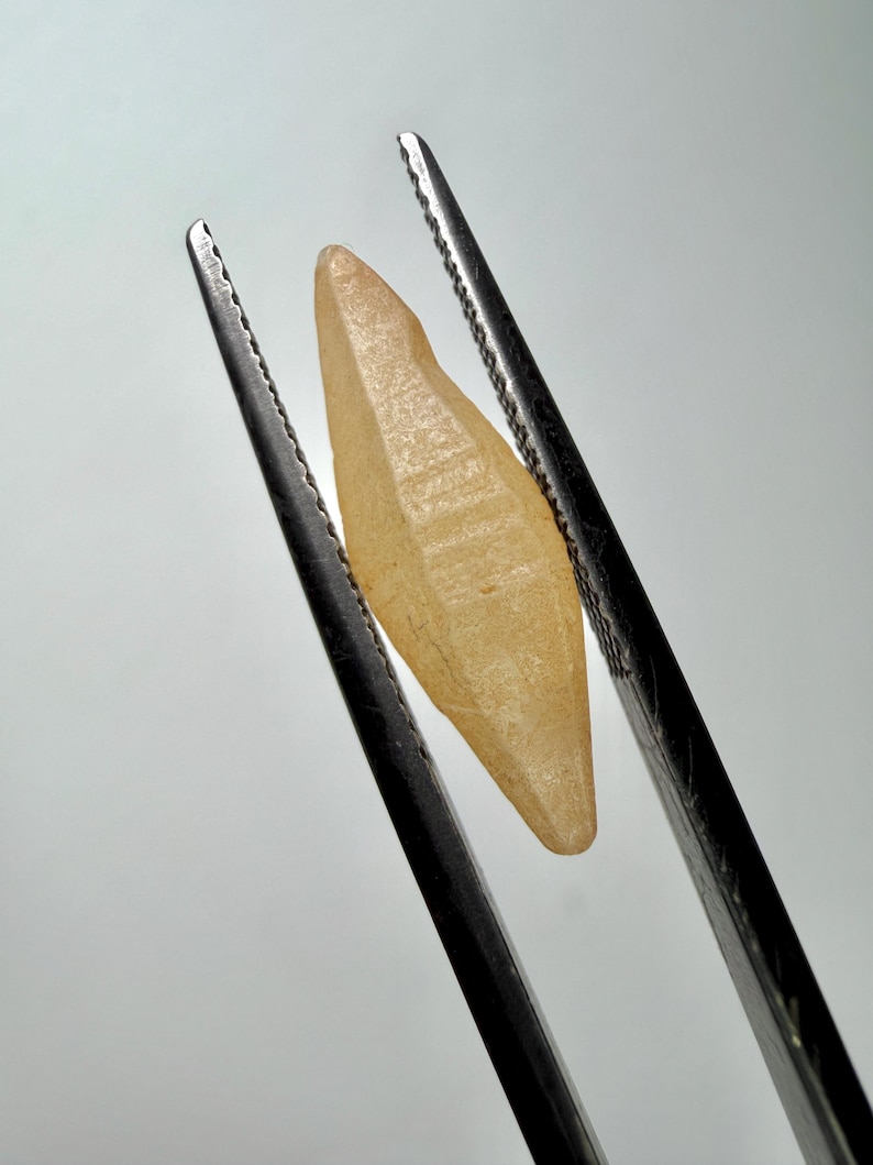 Puede incluir: Una gema facetada de color amarillo claro es sostenida por unas pinzas met&aacute;licas. La gema tiene forma puntiaguda y una superficie texturizada. Las pinzas son de color gris oscuro y tienen bordes dentados. El fondo es gris claro liso.