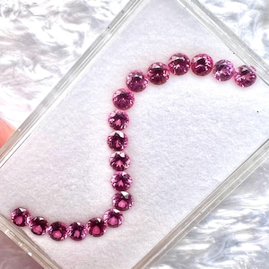 Könnte beinhalten: Eine Reihe von runden rosafarbenen Edelsteinen in einem durchsichtigen Kunststoff-Präsentationskasten.