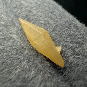 Puede incluir: Un peque&ntilde;o cristal amarillo claro con una punta y una superficie texturizada. El cristal est&aacute; sobre un fondo gris texturizado.