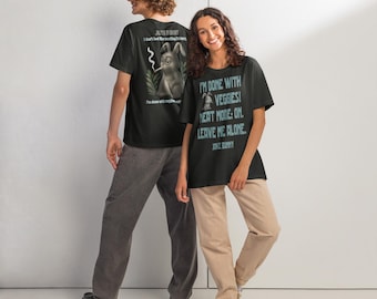 Camiseta de broma con el conejito "MODO CARNE: ENCENDIDO" Estampado en la espalda Camiseta de conejo lindo pero psicópata – Humor negro Gráfico a doble cara Ropa urbana Mad Bunny / T-270-O