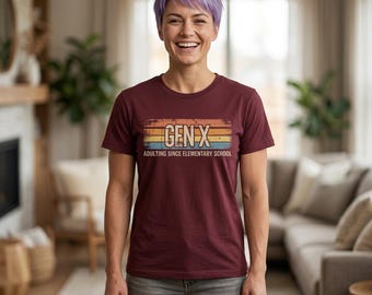 Gen X Retro Stripes Tee | "Adulting Since Elementary School" graphic