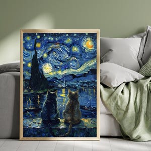 May include: Two black cats sit side-by-side on a stone ledge, looking out at a starry night sky. The sky is painted in a swirling blue and yellow, with a bright yellow moon in the top right corner. The scene is reminiscent of Vincent van Gogh's "Starry Night."