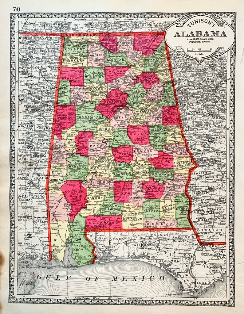May include: A vintage map of Alabama, showing the state's counties and major cities. The map is printed in red, green, and yellow, with a scale and a title that reads "Tunison's Alabama".
