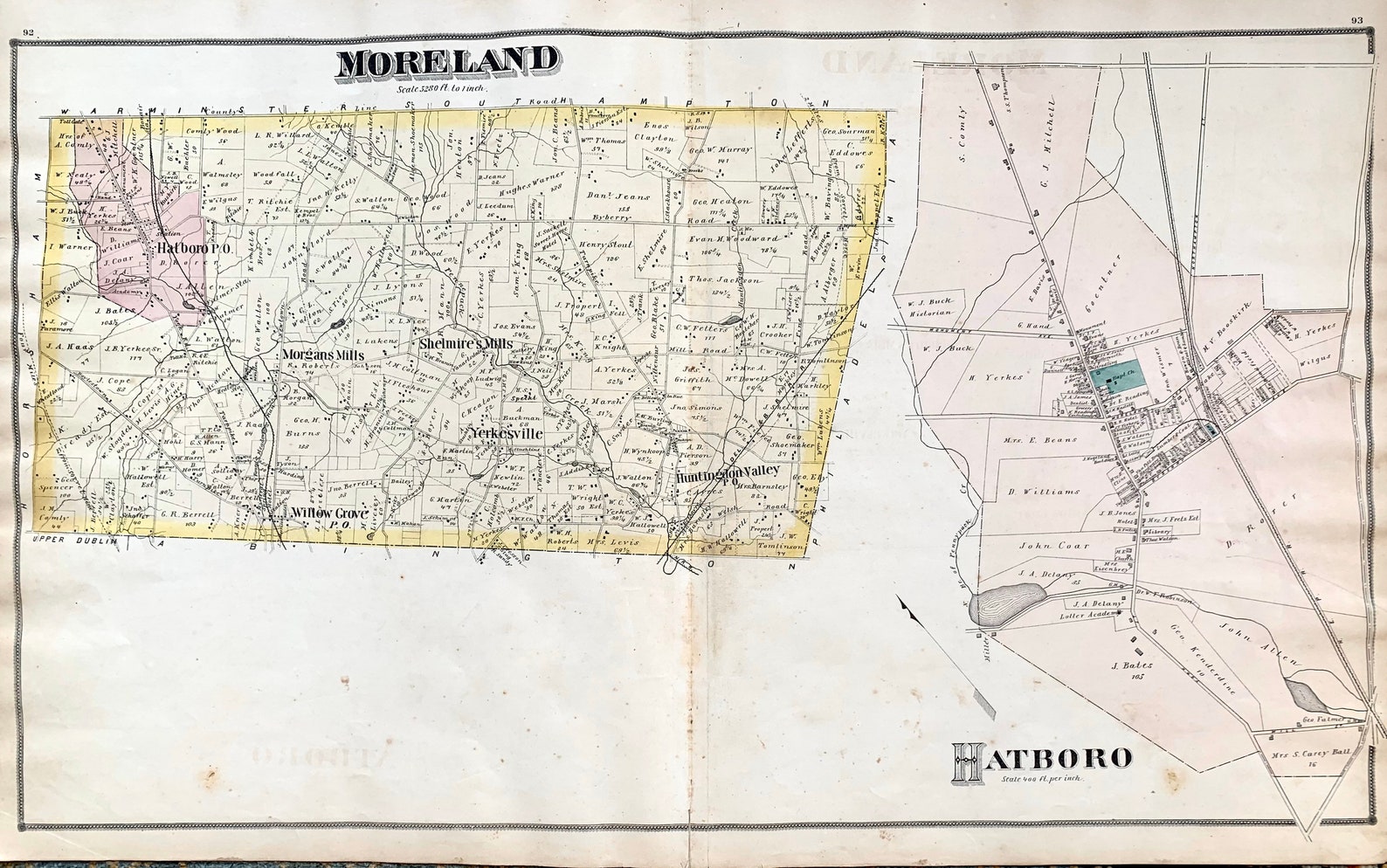 Moreland Township Map Original 1877 Montgomery County Atlas Etsy