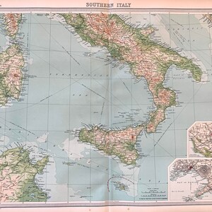 Southern Italy map, Original 1922 Times Atlas, Rome, Naples, Sicily, Sardinia