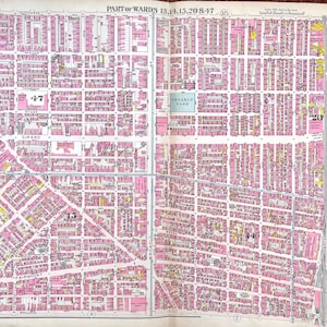 May include: A vintage map with a grid-like layout, featuring pink and yellow shaded areas representing buildings and parks. The map includes street names, ward numbers, and the text "PART OF WARDS 13,14,15,20 & 47" and "PLATE 12".