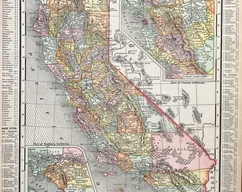 Antique California Map, Original 1895 Rand McNally Atlas, Los Angeles, San Francisco