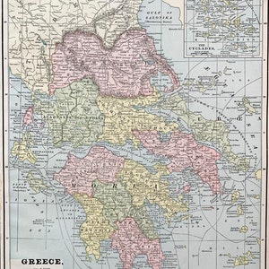 Greece map, Original 1895 Crams Atlas, Athens, Hellenic Republic, Mount Olympus