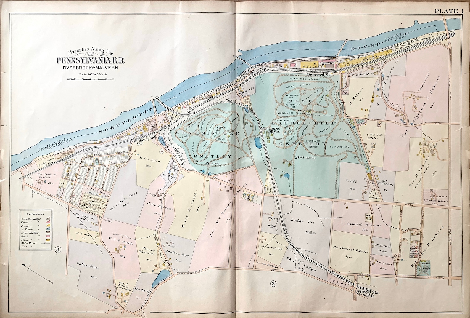 West Laurel Hill Cemetery Map, Original 1900 Pennsylvania Railroad