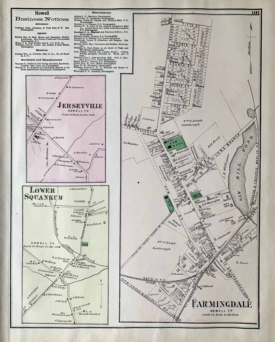 Farmingdale Map, Original 1873 Monmouth County, New Jersey Atlas, Squankum, Jerseyville Etsy