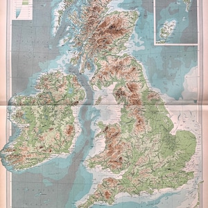May include: A vintage map of the British Isles, showing the topography and bathymetry of the islands. The map is color-coded to show different elevations and depths, with green representing land and blue representing water. The map also includes a legend and a scale bar.