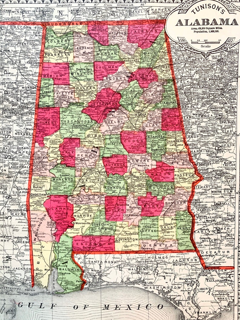 May include: A vintage map of Alabama, showing the state's counties and their borders. The map is color-coded, with each county represented by a different color. The map also includes the state's major cities and towns.