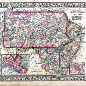 May include: A vintage map of Pennsylvania, New Jersey, Maryland, and Delaware. The map is printed in color and shows the counties of each state. The map is surrounded by a decorative border.