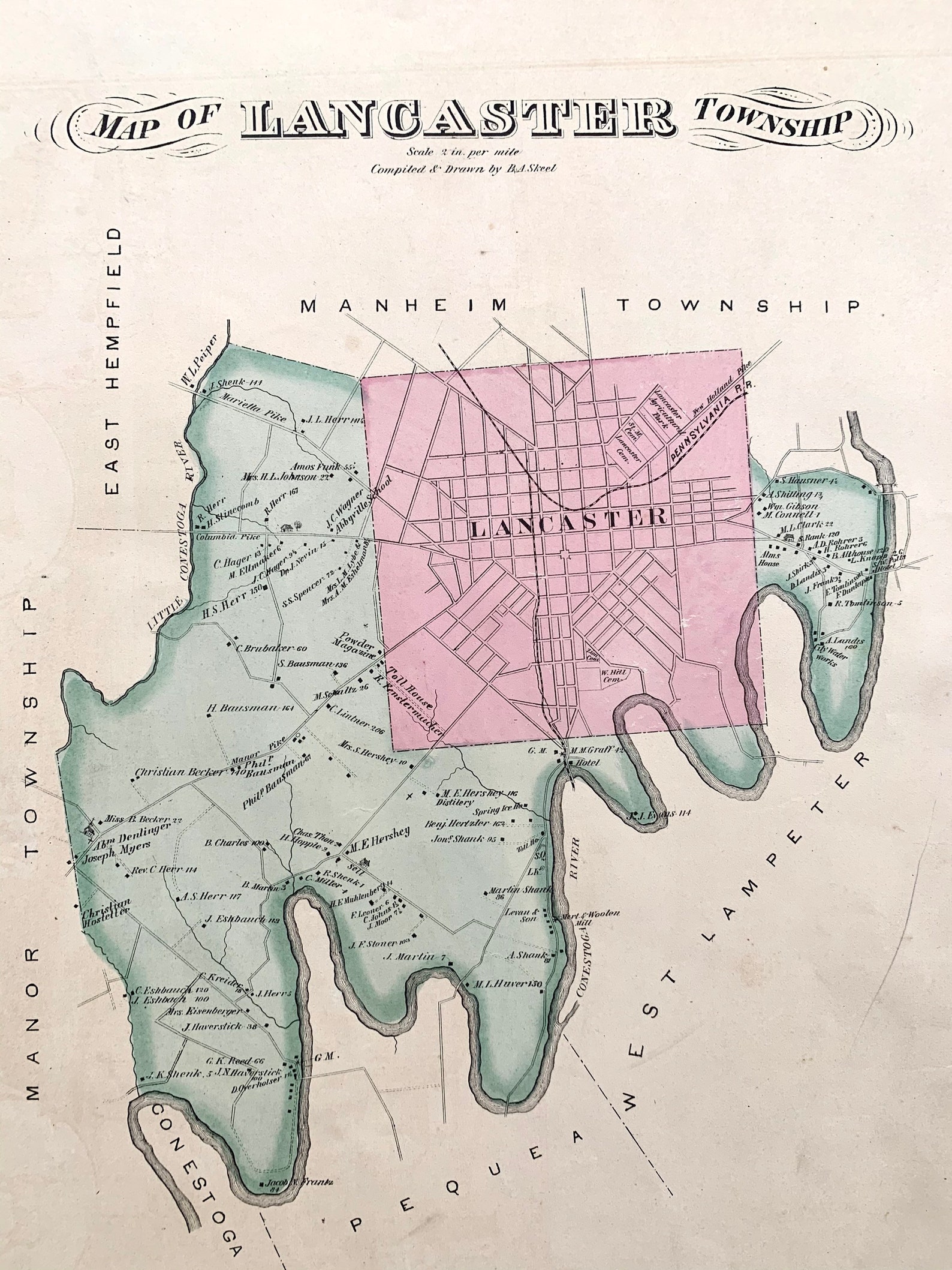 Lancaster Township Map Original 1875 Lancaster County Atlas Etsy
