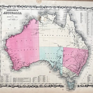 Australia map, Original 1863 Hand colored map, Johson and Ward Map