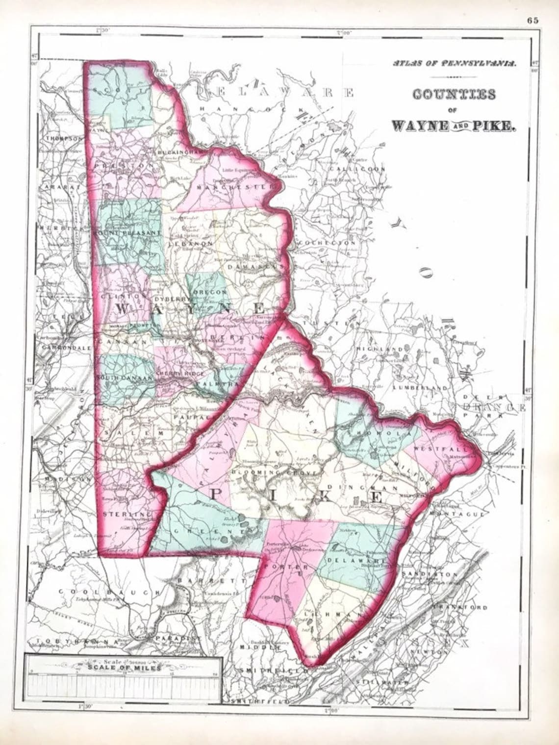 Wayne and Pike County Map, Original 1872 Atlas of Pennsylvania, Antique