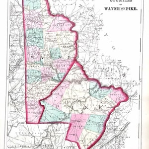 Wayne and Pike County map, Original 1872 Atlas of Pennsylvania, antique Hand Colored, framable