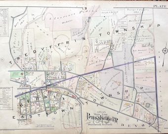 Berwyn Map, Original 1913 Pennsylvania Main Line Railroad atlas, Devon map, Easttown