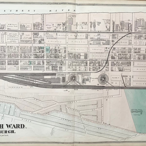 Strip District map, Original 1872 City of Pittsburgh Atlas, Polish Hill, Bedford Dwellings