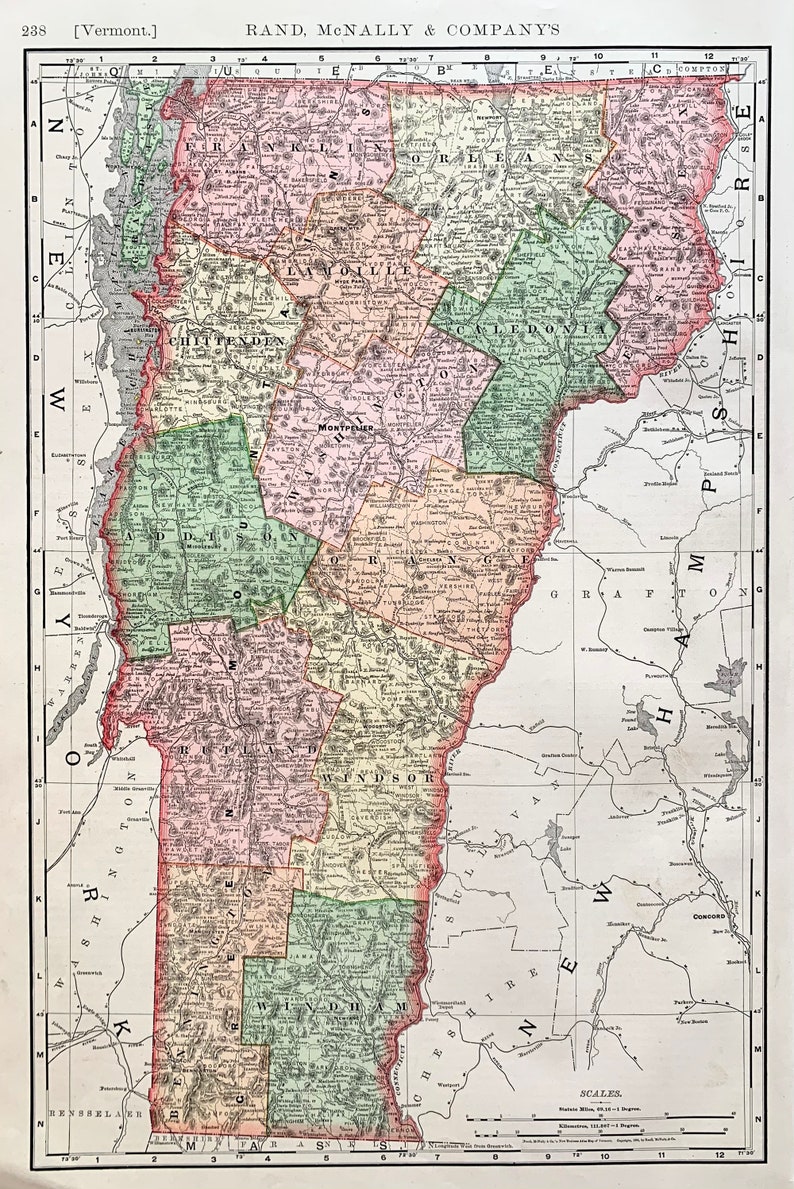 Vermont Map, Original 1894 Rand Mcnally Atlas, Montpelier, the Green ...