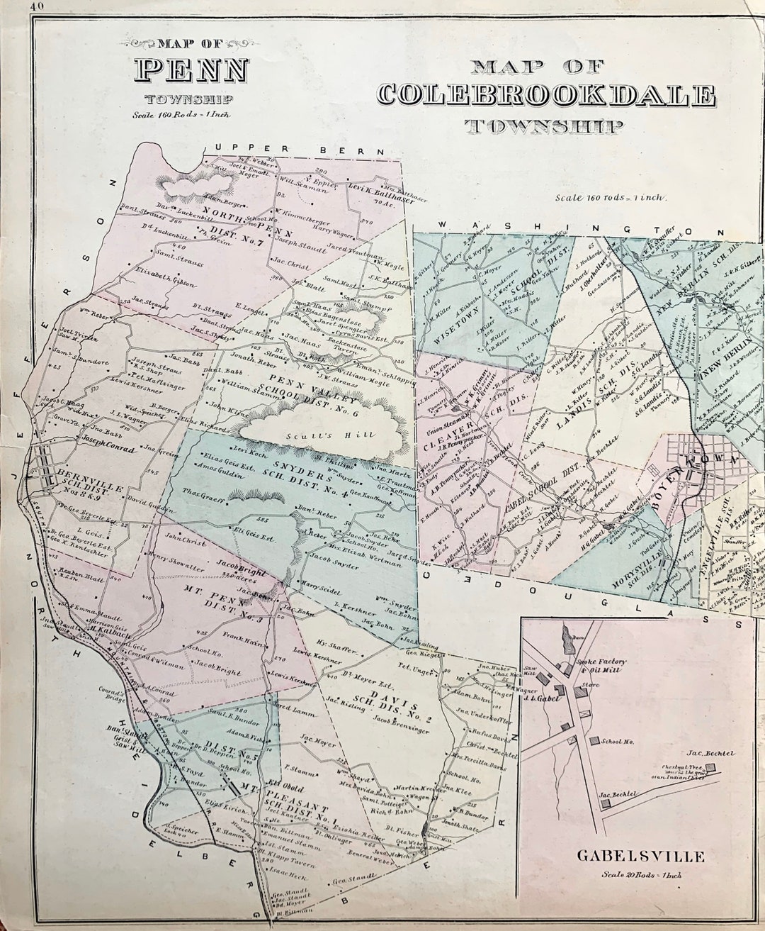 Colebrookdale Township Map Original 1876 Berks County Etsy