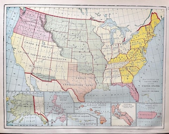 Territorial Growth of the United States map, Original 1900 Crams Atlas, Louisiana Purchase, Indian Territory, Colonies of the United States