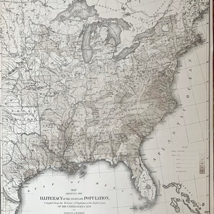 May include: A black and white map of the United States showing the illiteracy of the aggregate population in 1870. The map is divided into shades of gray to represent the percentage of illiteracy in each state. The map is titled "Map Showing the Illiteracy of the Aggregate Population. Compiled from the Returns of Population at the Ninth Census of the United States 1870 by Francis A. Walker."