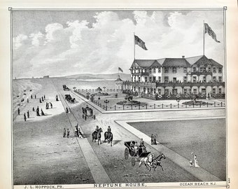 Antique Ocean Beach print, Original 1878 New Jersey Shore Atlas, Neptune House, Lavallette, Ocean County