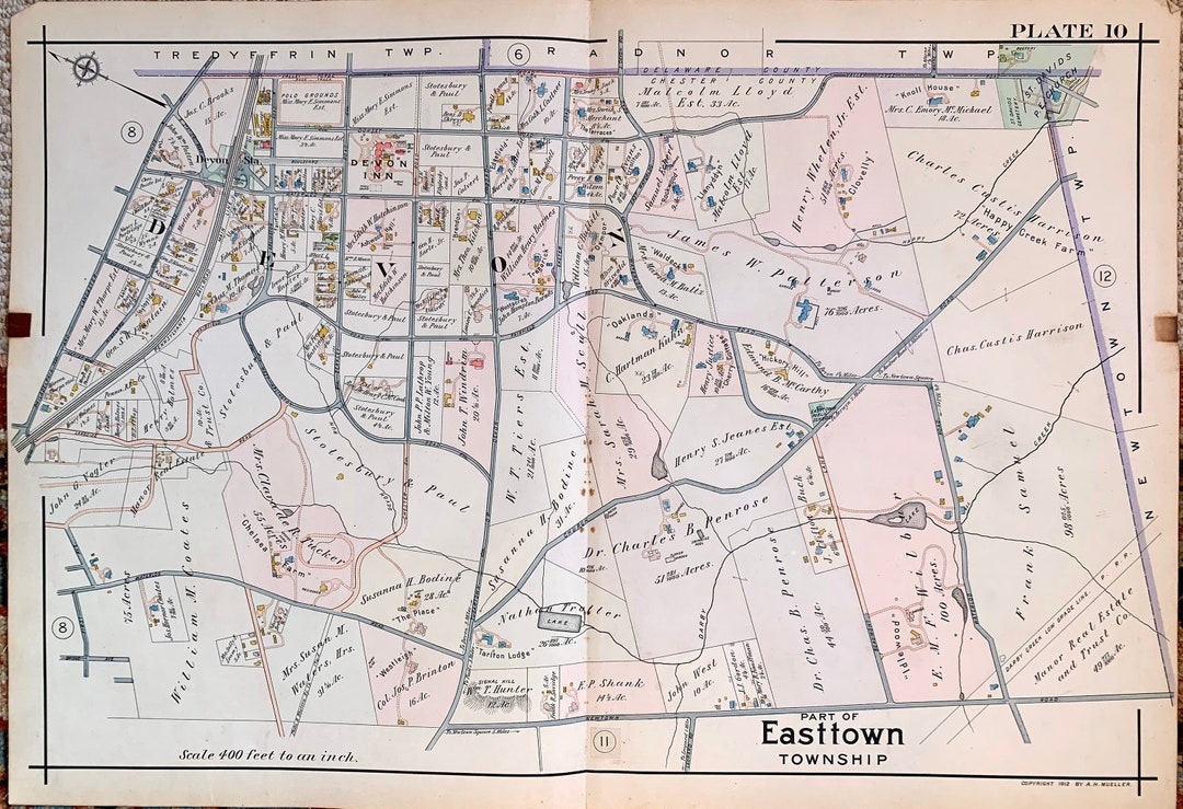 Easttown Township Map Original 1912 Main Line Pennsylvania Etsy