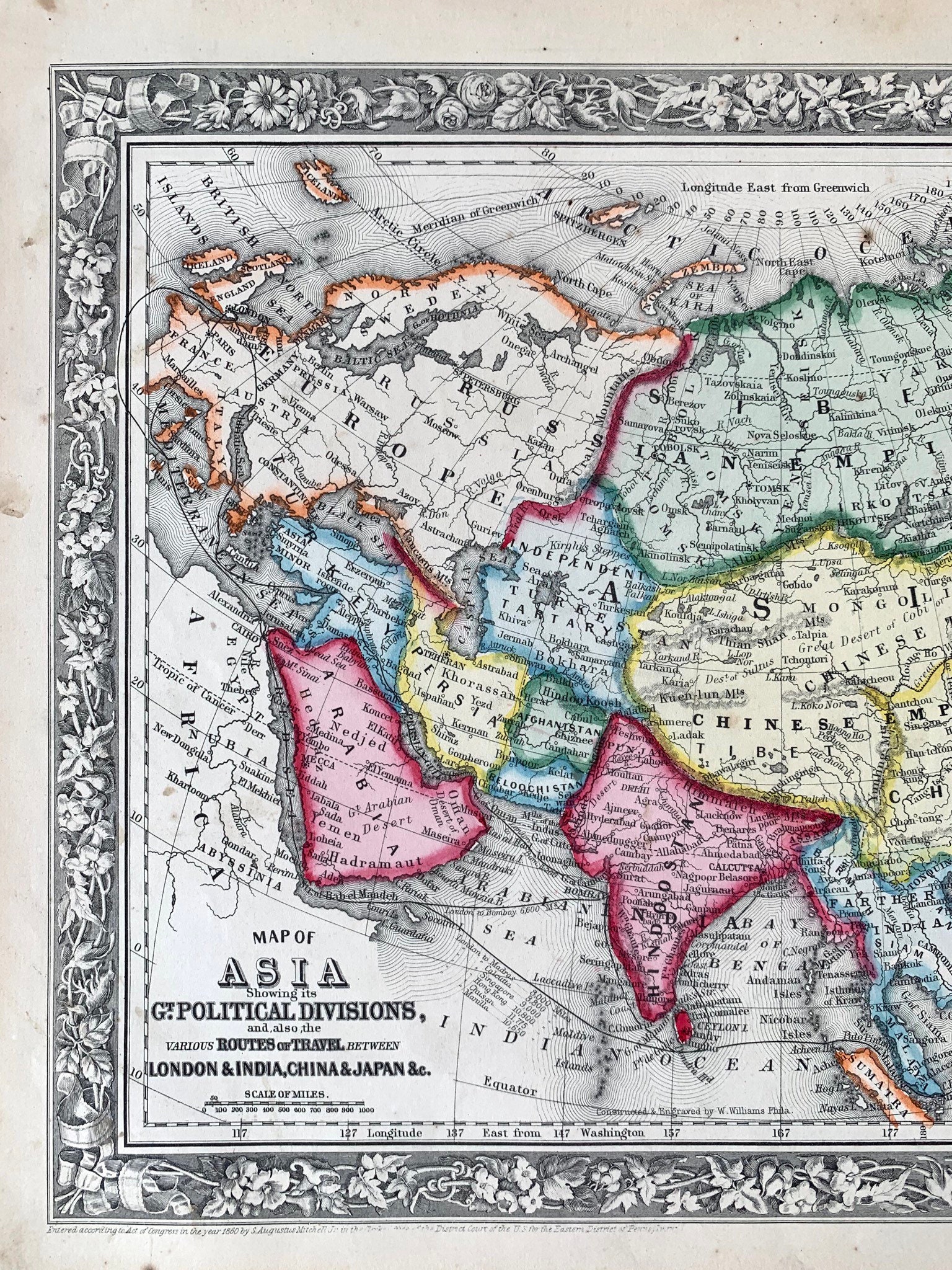Asia map and Routes of Travel, Original 1862 Mitchells atlas