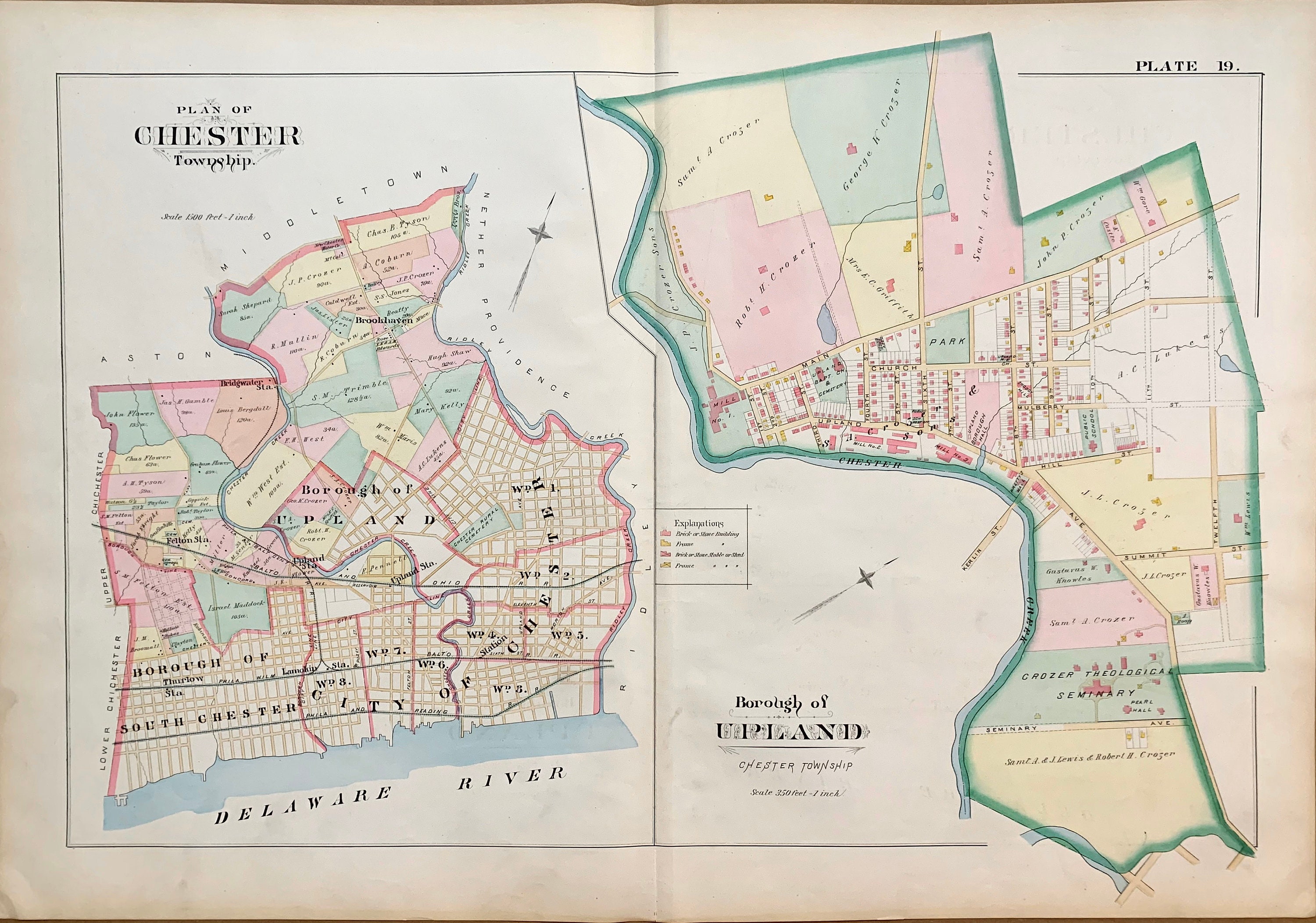 Chester Township map, Original 1892 Delaware County atlas Map, Borough of Upland, Brookhaven