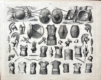 Greek, Eutruscan, Roman weapons and Armor, Original 1857 Iconographic Encyclopedia, Military Sciences, ancient War