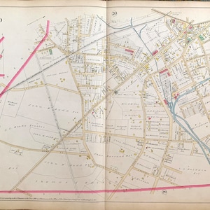 May include: A vintage map of part of Bloomfield, New Jersey, showing streets, property lines, and the names of residents. The map is printed on aged paper with a light brown background and is divided into two sections. The map is labeled "Part of Bloomfield" and "Plate 21".